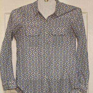 Women's Blouse by Express white with blue/green pattern long sleeve sze small